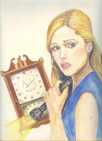 Colored pencil portrait of woman with flashlight and clock