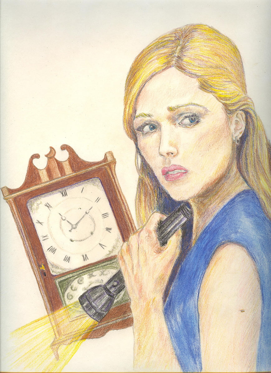 Colored pencil portrait of woman with flashlight and clock