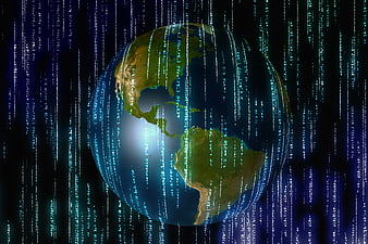 Digital Earth Globe with Binary Code Matrix Background