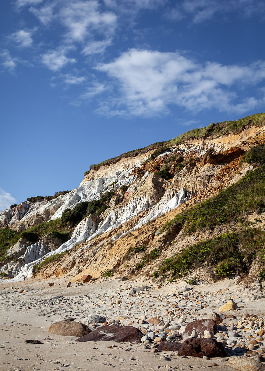 Scenic Coastal Cliff with White Strata and Blue Sky