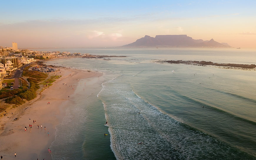 Aerial View of Camps Bay Beach and Table Mountain at Sunset
