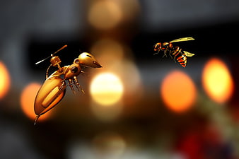 Golden robotic ant drone flying near a wasp