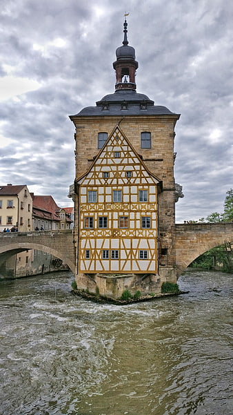 Historic half-timbered tower on bridge in Bamberg, Germany
