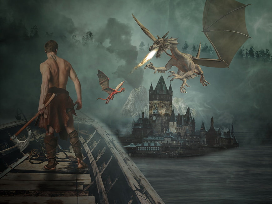 Fantasy warrior on boat facing dragons near castle