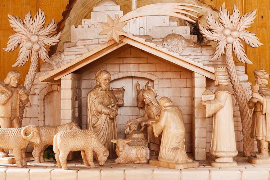 Hand-Carved Wooden Nativity Scene With Star And Palm Trees