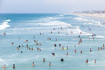 Crowded Beach with Swimmers and Surfers in Blue Ocean