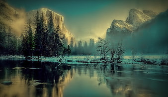 Misty Winter Yosemite Valley with Snow-Capped Mountains and River Reflections