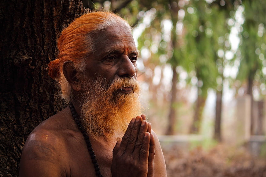 Elderly Hindu Sadhu Monk Praying by Tree