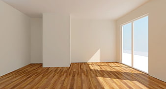 Empty modern room with hardwood floors and large windows