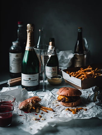 Gourmet Burger and Fries with Sparkling Wine