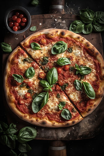 Fresh Margherita Pizza with Basil and Tomatoes on Wooden Board