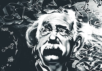 Black and white graffiti mural of Albert Einstein