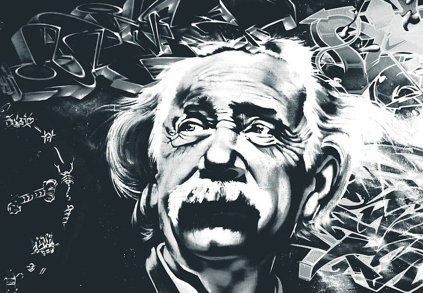 Black and white graffiti mural of Albert Einstein