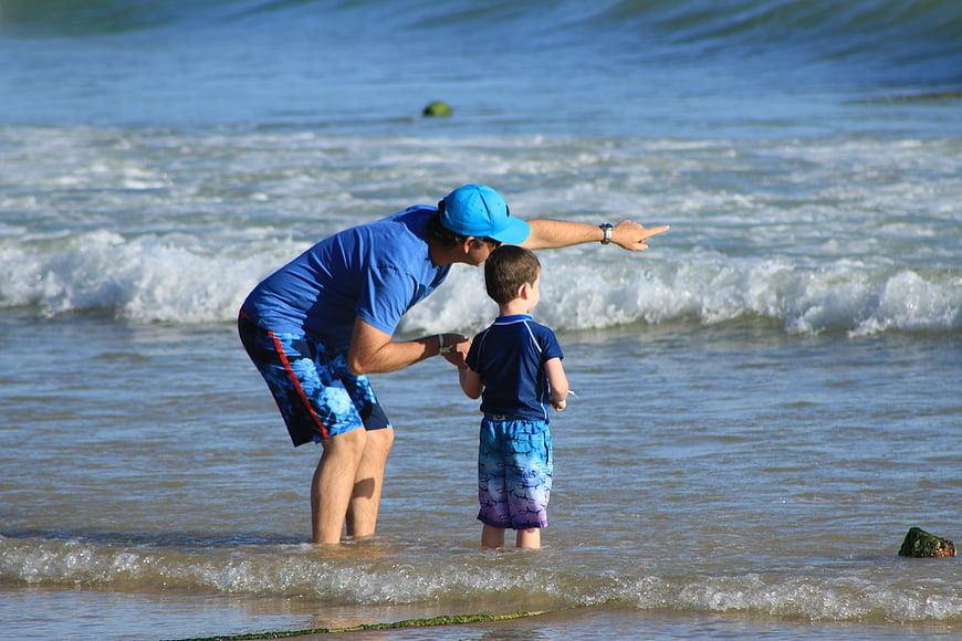 Father and son pointing at ocean waves on sunny beach