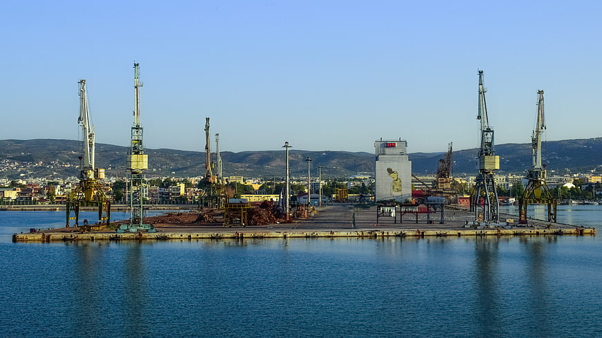 Industrial Port Cranes on a Concrete Pier in Volos, Greece