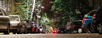 Nighttime street view with parked cars and trees