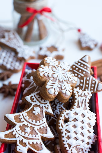 Traditional Christmas gingerbread cookies in a red box