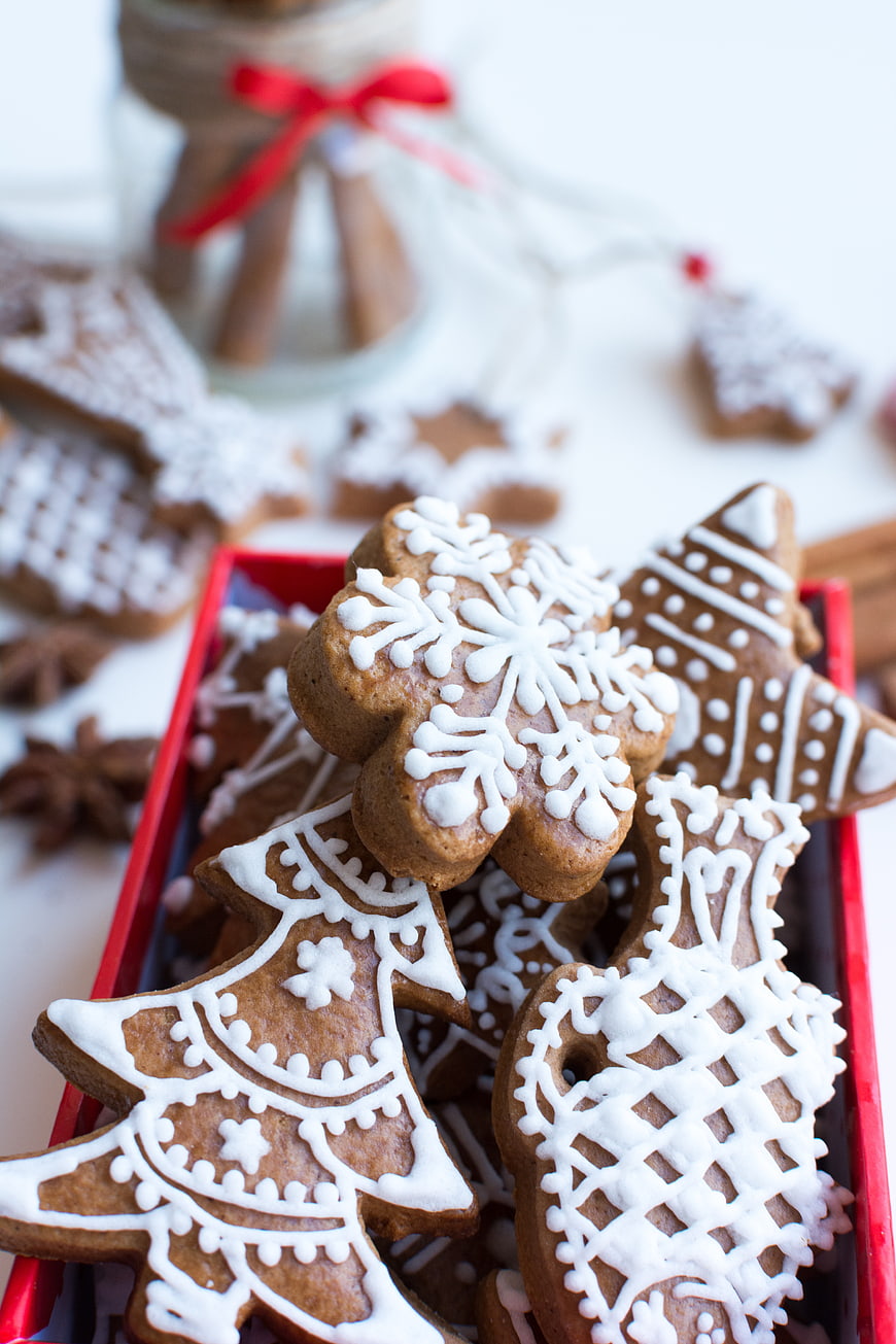 Traditional Christmas gingerbread cookies in a red box