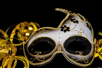 White and Gold Venetian Masquerade Mask with Black Glitter