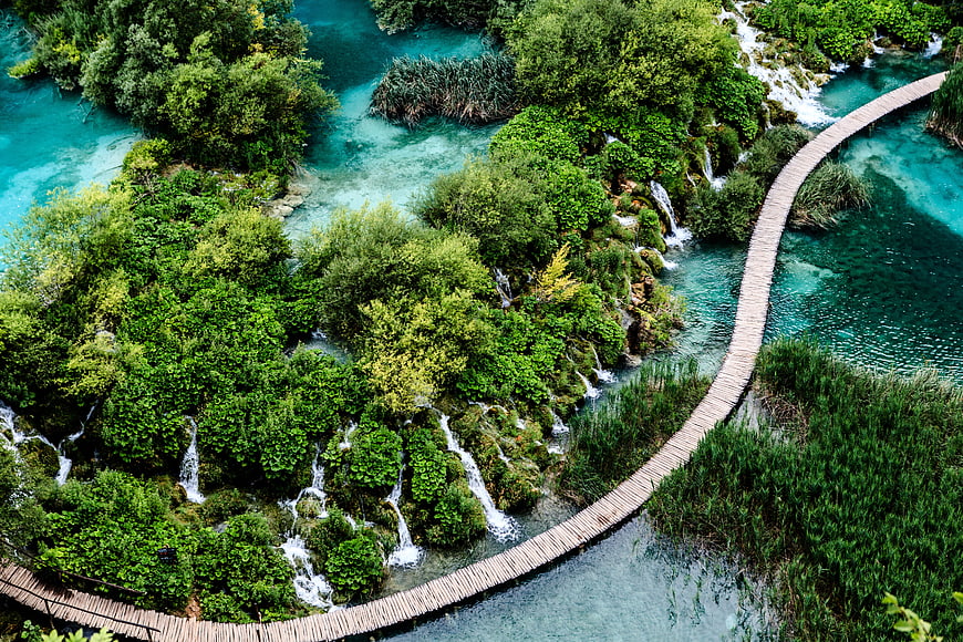 Aerial View of Plitvice Lakes Waterfalls and Wooden Boardwalk in Croatia