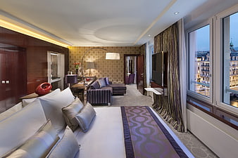 Luxury Hotel Bedroom Interior with City View