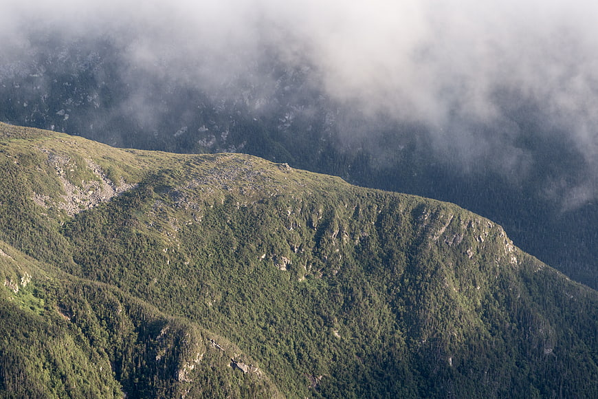 Misty Mountain Ridge with Green Forest and Clouds