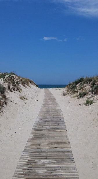 Wooden Boardwalk Path Through Sand Dunes to Blue Ocean