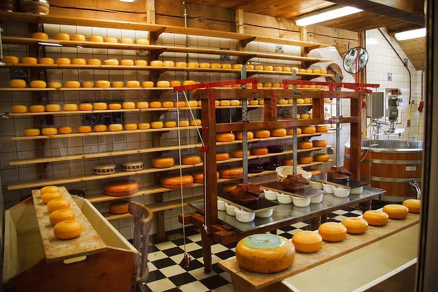 Traditional Cheese Aging Room with Wooden Shelves and Wheels