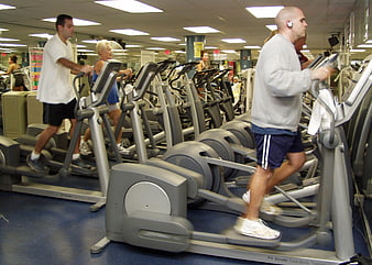 People Exercising on Elliptical Machines in a Busy Gym