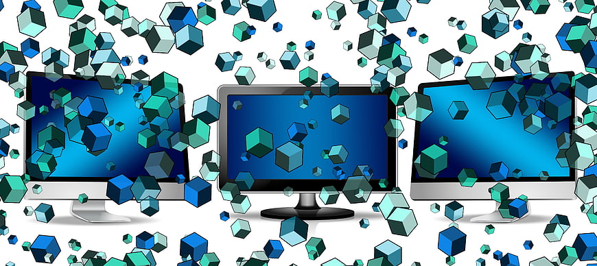 Digital data cubes exploding from computer monitors