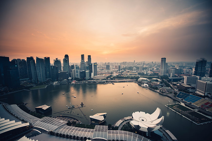 Aerial View of Singapore Skyline at Sunset with Marina Bay