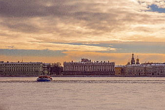 St. Petersburg Skyline with Church Domes and River Boat