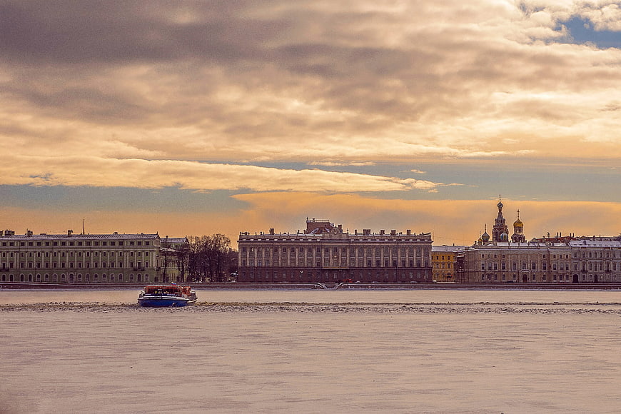 St. Petersburg Skyline with Church Domes and River Boat