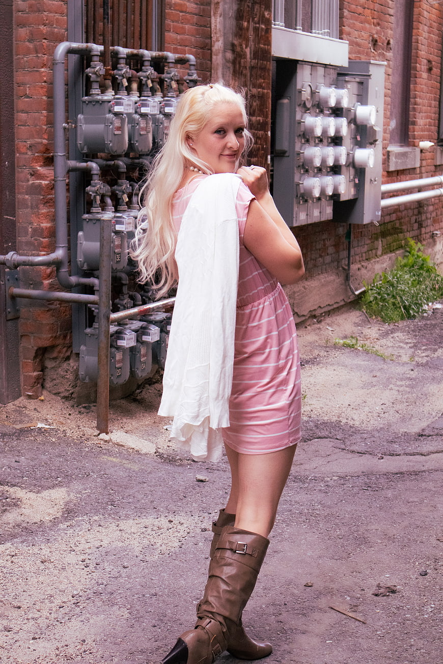 Blonde Woman in Pink Dress and Boots Urban Portrait