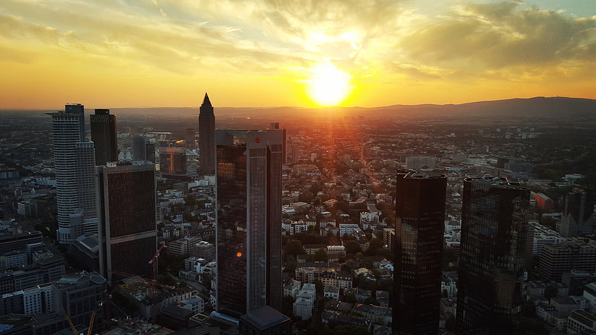 Aerial View of Frankfurt Skyline at Golden Sunset