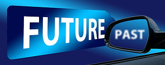 Conceptual car rearview mirror showing past and future text