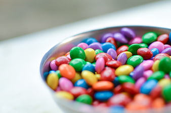 Colorful jelly beans in a silver bowl