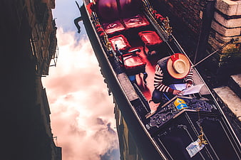 High Angle View of Gondolier in Venice Canal
