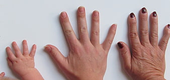 Three generations of hands on white background