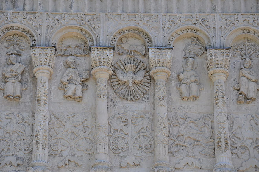 Detailed stone carvings on Vladimir Cathedral facade