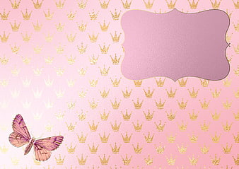 Pink Crown Pattern Background With Butterfly And Frame