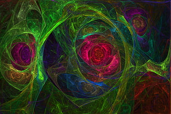 Vibrant green and red abstract fractal art background