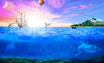 Surreal ocean collage with shark, pirate ship, and tropical island