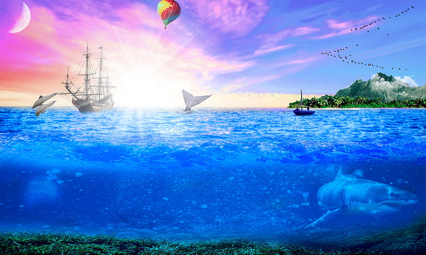 Surreal ocean collage with shark, pirate ship, and tropical island