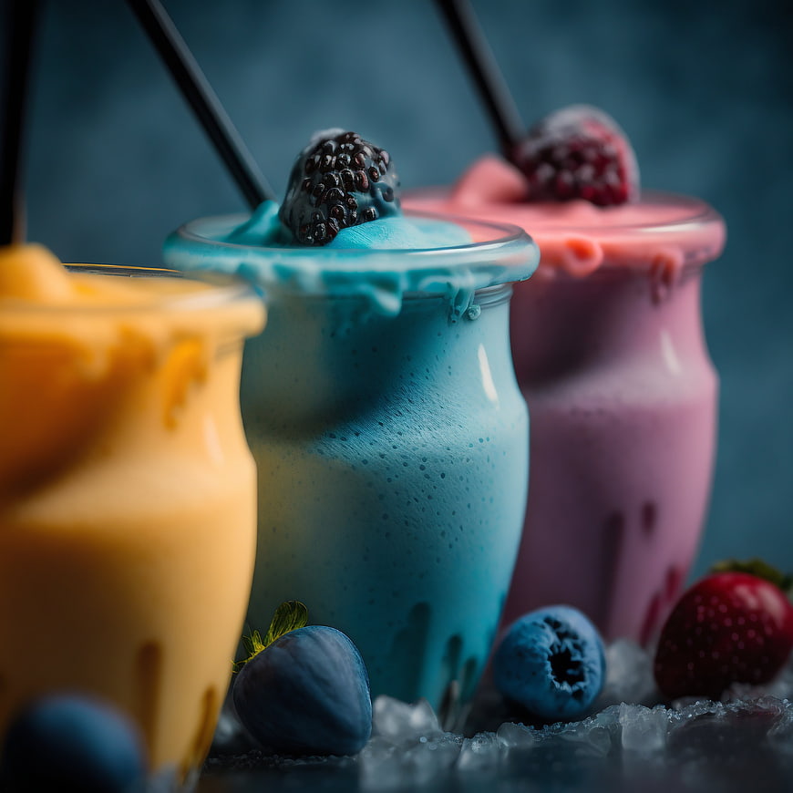 Colorful Blueberry Smoothies with Fresh Berries on Ice