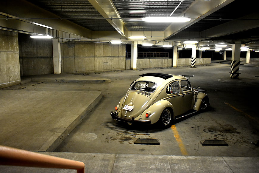Custom Beige VW Beetle in Underground Parking Garage