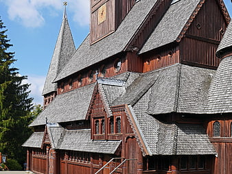 Wooden Stave Church Architecture with Grey Shingles