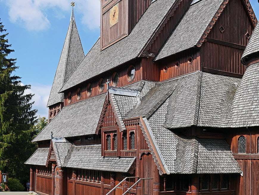 Wooden Stave Church Architecture with Grey Shingles