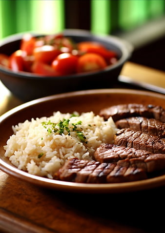 Close-up of grilled steak and rice with tomato salad