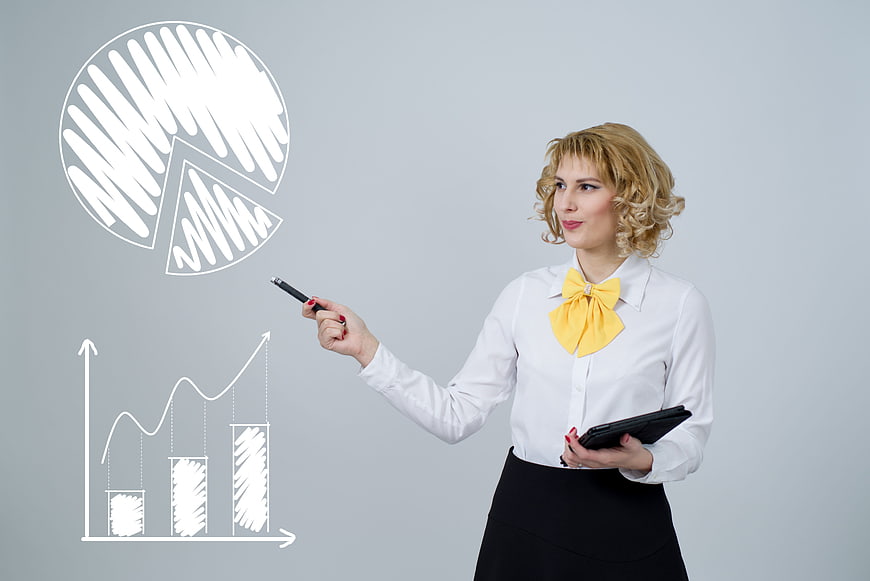 Businesswoman pointing at financial growth charts and graphs